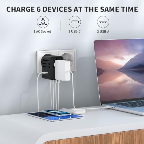 EPICKA Universal Travel Adapter, GaN International Plug Adapter with 3 USB-C 70W PD Fast Charging & 2 USB-A Adaptor All-in-one Wall Charger for USA EU UK AUS (TA-105 Pro, Black) - Image 4