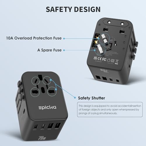EPICKA Universal Travel Adapter, GaN International Plug Adapter with 3 USB-C 70W PD Fast Charging & 2 USB-A Adaptor All-in-one Wall Charger for USA EU UK AUS (TA-105 Pro, Black) - Image 6