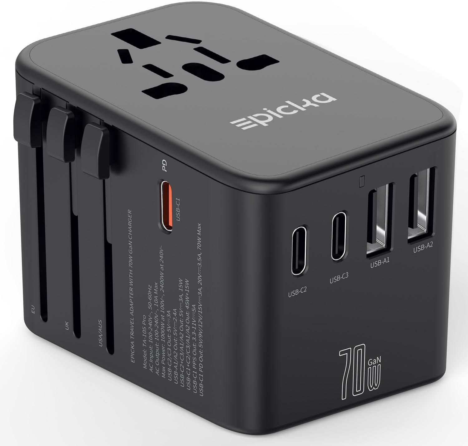 EPICKA Universal Travel Adapter, GaN International Plug Adapter with 3 USB-C 70W PD Fast Charging & 2 USB-A Adaptor All-in-one Wall Charger for USA EU UK AUS (TA-105 Pro, Black) - Image 9