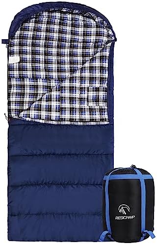 REDCAMP Flannel Sleeping Bag for Adults, Comfortable Cotton Sleeping Bags for Camping with Detachable Hood, Red/Grey/Blue