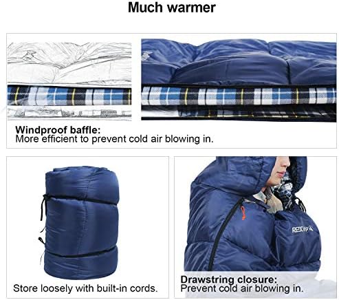 REDCAMP Flannel Sleeping Bag for Adults, Comfortable Cotton Sleeping Bags for Camping with Detachable Hood, Red/Grey/Blue - Image 4